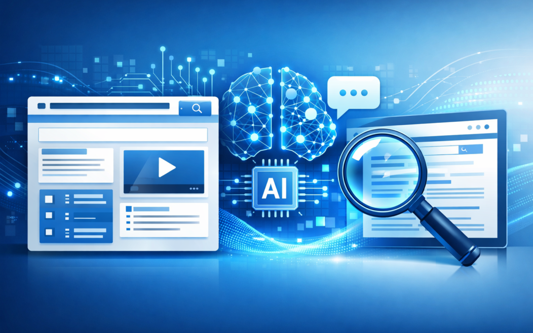 Headerbild: Website-Optimierung für KI und Sprachmodelle, modernes tech-inspiriertes Design