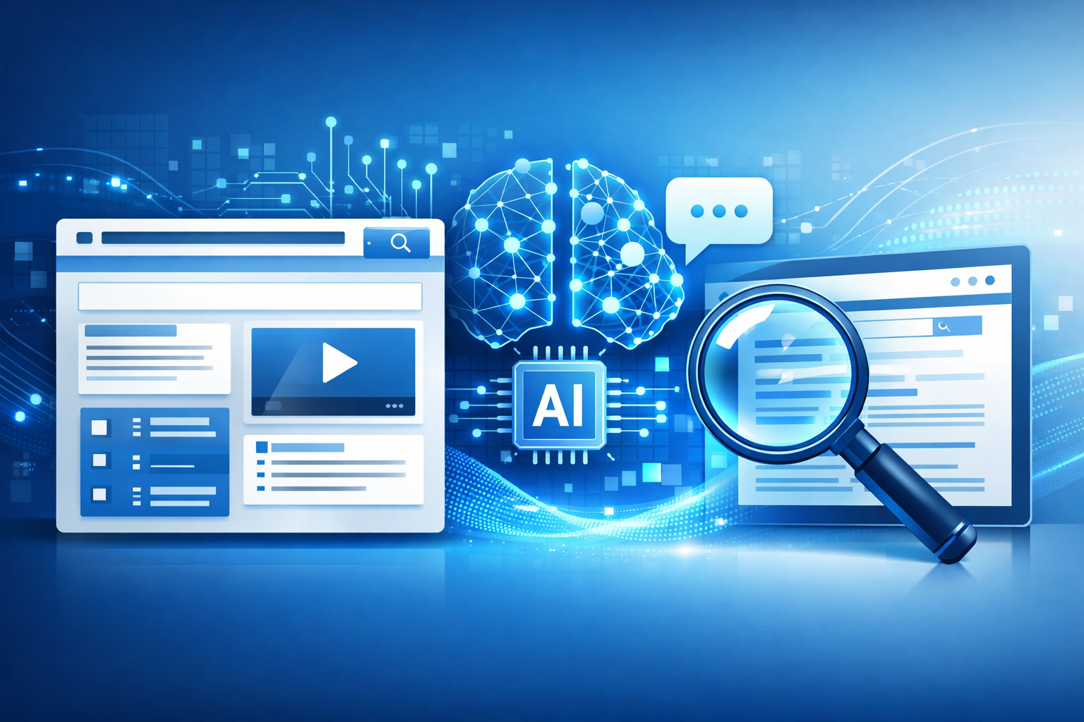 Headerbild: Website-Optimierung für KI und Sprachmodelle, modernes tech-inspiriertes Design